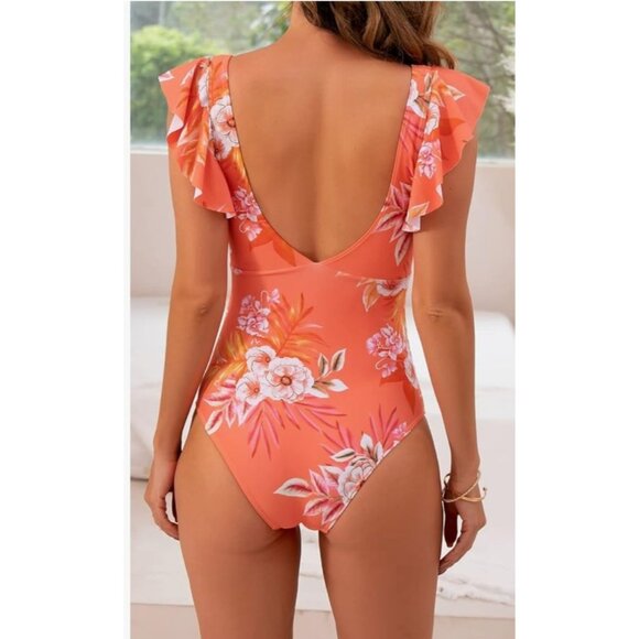 Womens Med Floral One Piece Swimsuit Ruffle Sleeves & Cutout Design V Neck Wrap - Picture 2 of 10